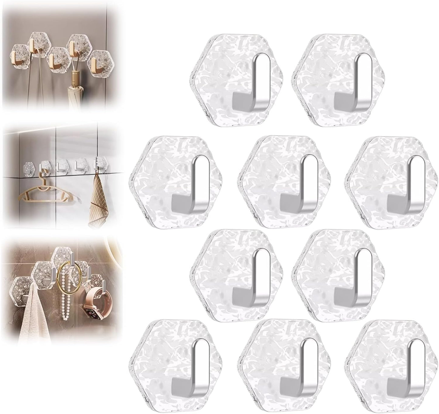 10 Pack Hexagonal Ripple Heavy Duty Hooks for Bathroom, Kitchen & Household Organization