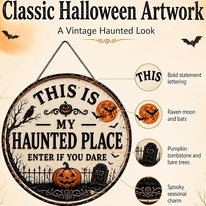 "This Is My Haunted Place" Fun Halloween 2-Piece,Round Hanging Sign & Cute Spooky Doormat