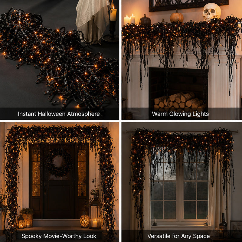 🎃Halloween Fireplace Decor Set with LED Lights – Black Vine Garland for Mantel, Door Frame, Window & Spooky Party Decor👻