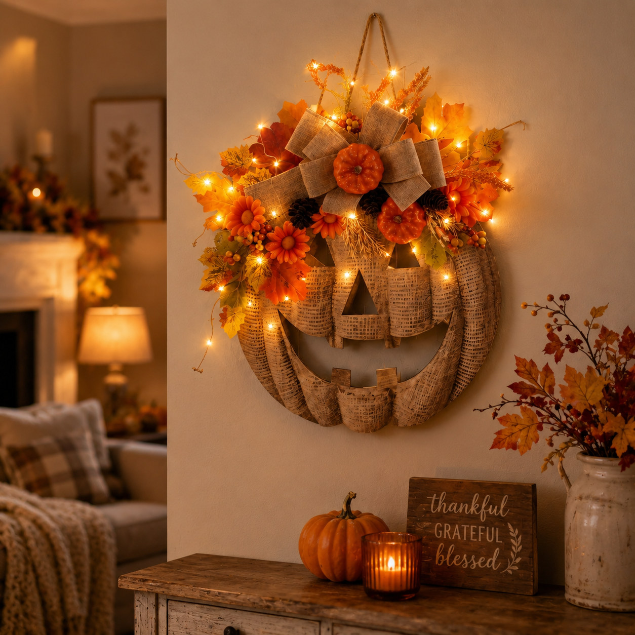 🎃 Halloween Early Bird Sale | 49% OFF-Lighted Burlap Pumpkin Wreath🍂