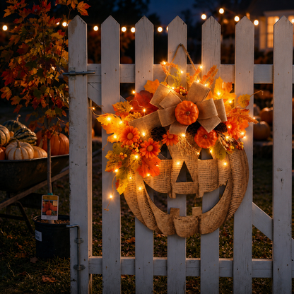 🎃 Halloween Early Bird Sale | 49% OFF-Lighted Burlap Pumpkin Wreath🍂