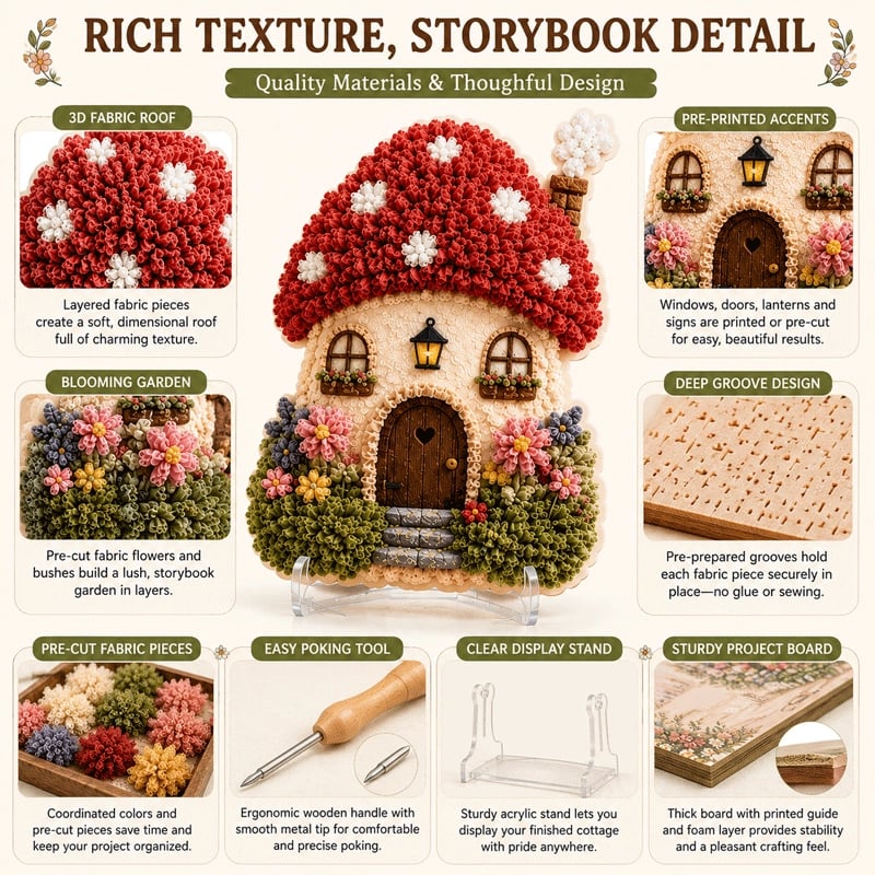 ✨ Whimsical Village 3D Fabric Poke Art Kit | No-Sew Storybook Cottage Craft with Soft 3D Texture, Poke Tool & Display Stand 🏡🧵