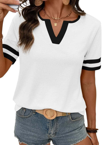 2026 Spring/Summer Women's Casual Colorblock V-Neck T-Shirt - White with Black Trim, Short Sleeve Loose Fit Top with Striped Cuffs, Breathable Cotton Blend