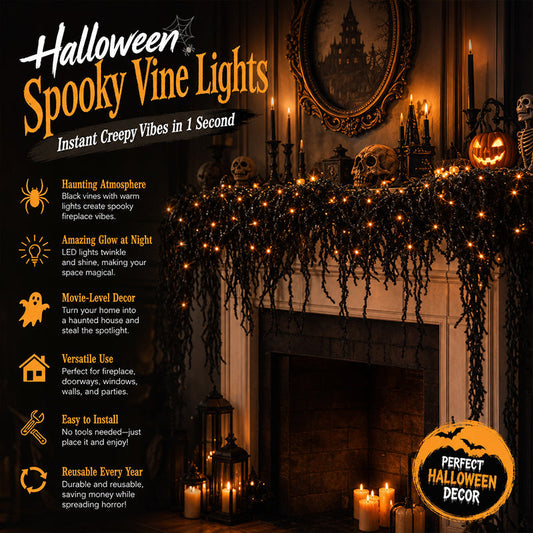 🎃Halloween Fireplace Decor Set with LED Lights – Black Vine Garland for Mantel, Door Frame, Window & Spooky Party Decor👻