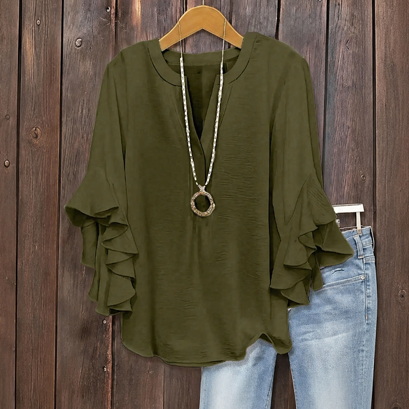 Plus Size Women's Ruffle Sleeve V-Neck Shirt