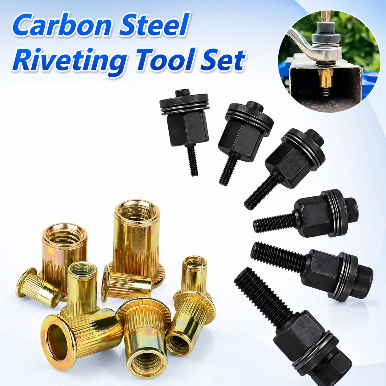 Head Rivet Nut Tool, M3 M4 M5 M6 M8 Rivnut Kit, Carbon Steel Rivnut Set,