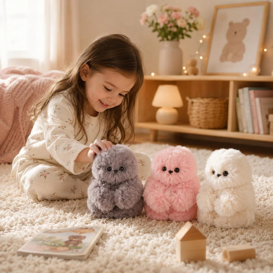 Child playing with colorful fluffy plush companions