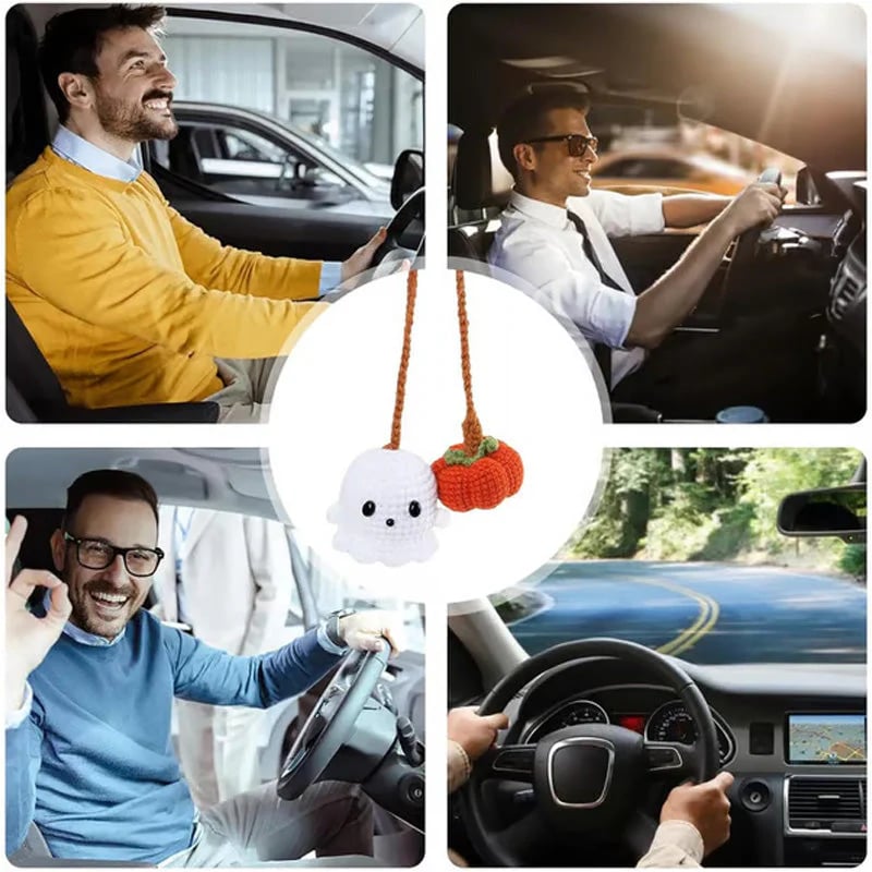 🎃👻Crochet Halloween Car Accessories - Handmade Ghost & Pumpkin Hanging Ornament for Rear View Mirror