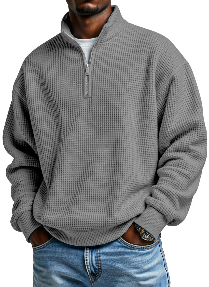 Men's Daily Loose And Simple Waffle Half-zip Stand Collar Long-sleeved Polo Shirt
