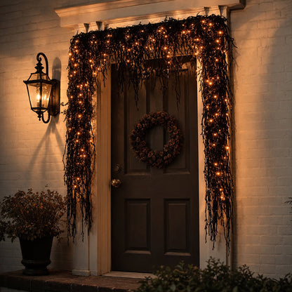🎃Halloween Fireplace Decor Set with LED Lights – Black Vine Garland for Mantel, Door Frame, Window & Spooky Party Decor👻