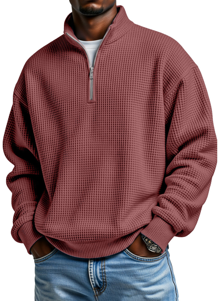 Men's Daily Loose And Simple Waffle Half-zip Stand Collar Long-sleeved Polo Shirt
