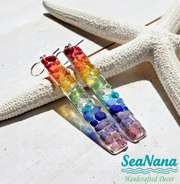 🌈 Sea-Tumbled Rainbow Bling——Hand-Calibrated🏖️One-of-a-Kind Coastal Earrings