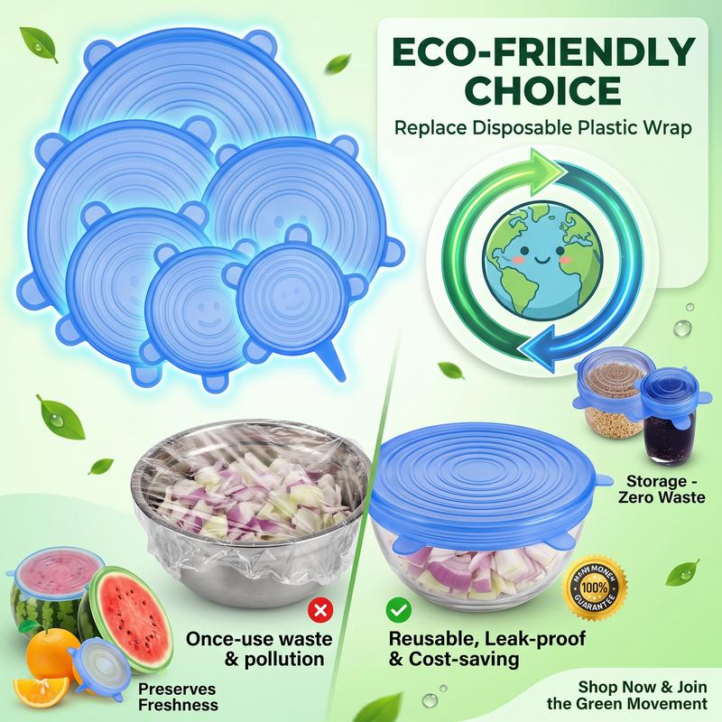 Universal Reusable Silicone Lids – 6-Pack Self-Sealing Food Covers for Various Container Sizes