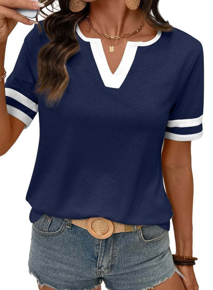 2026 Spring/Summer Women's Casual Colorblock V-Neck T-Shirt - White with Black Trim, Short Sleeve Loose Fit Top with Striped Cuffs, Breathable Cotton Blend