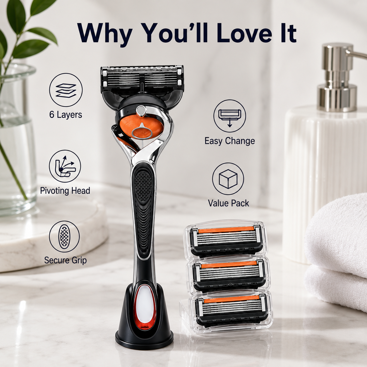 🔥Hot Sale 50% OFF 🎁6-Layer Pivoting Razor Refill Set + Handle – Ultra-Sharp Stainless Blades for Smooth Shave