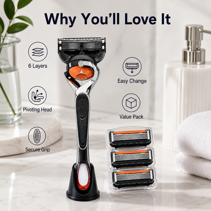 🔥Hot Sale 50% OFF 🎁6-Layer Pivoting Razor Refill Set + Handle – Ultra-Sharp Stainless Blades for Smooth Shave