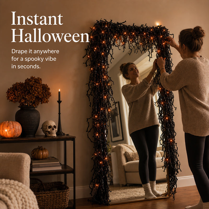 🎃Halloween Fireplace Decor Set with LED Lights – Black Vine Garland for Mantel, Door Frame, Window & Spooky Party Decor👻