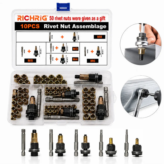 Head Rivet Nut Tool, M3 M4 M5 M6 M8 Rivnut Kit, Carbon Steel Rivnut Set,