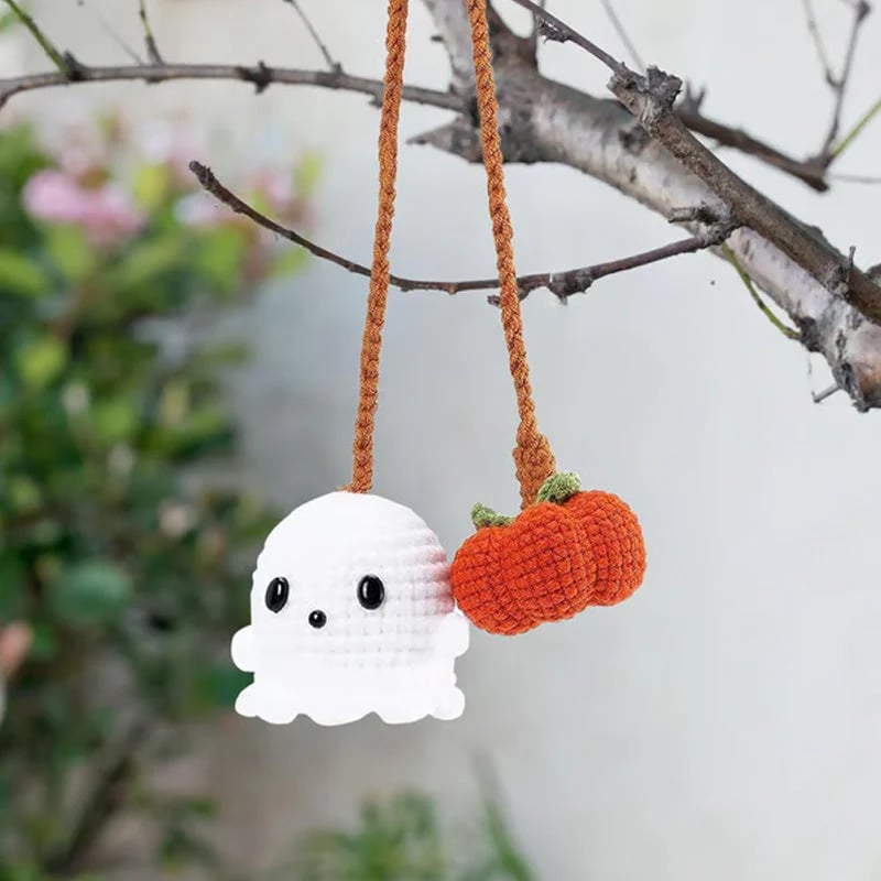 🎃👻Crochet Halloween Car Accessories - Handmade Ghost & Pumpkin Hanging Ornament for Rear View Mirror