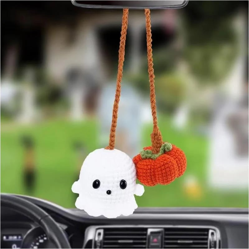 🎃👻Crochet Halloween Car Accessories - Handmade Ghost & Pumpkin Hanging Ornament for Rear View Mirror