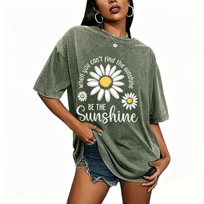 Women's Summer 100% Cotton T-Shirt: Sunshine Graphic,solid colors, Double Stitching, Breathable, Loose Fit, Casual Basic Tee for Daily Wear💗Buy Two Free Shipping