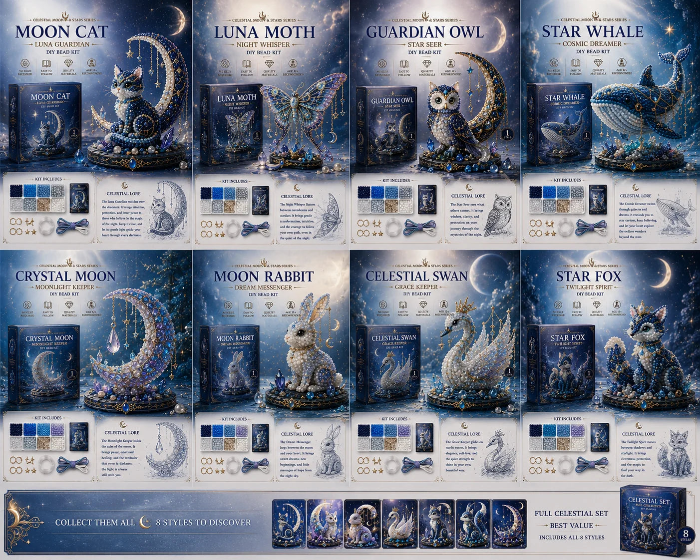 🌙 Moon Cat Luna Guardian DIY Bead Kit | Celestial Moon & Stars Series