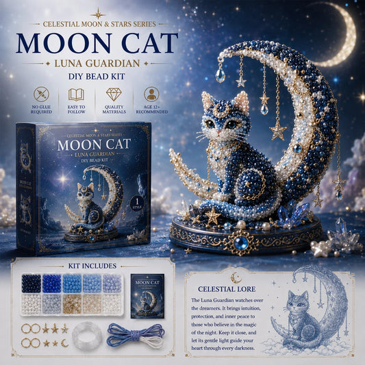 🌙 Moon Cat Luna Guardian DIY Bead Kit | Celestial Moon & Stars Series