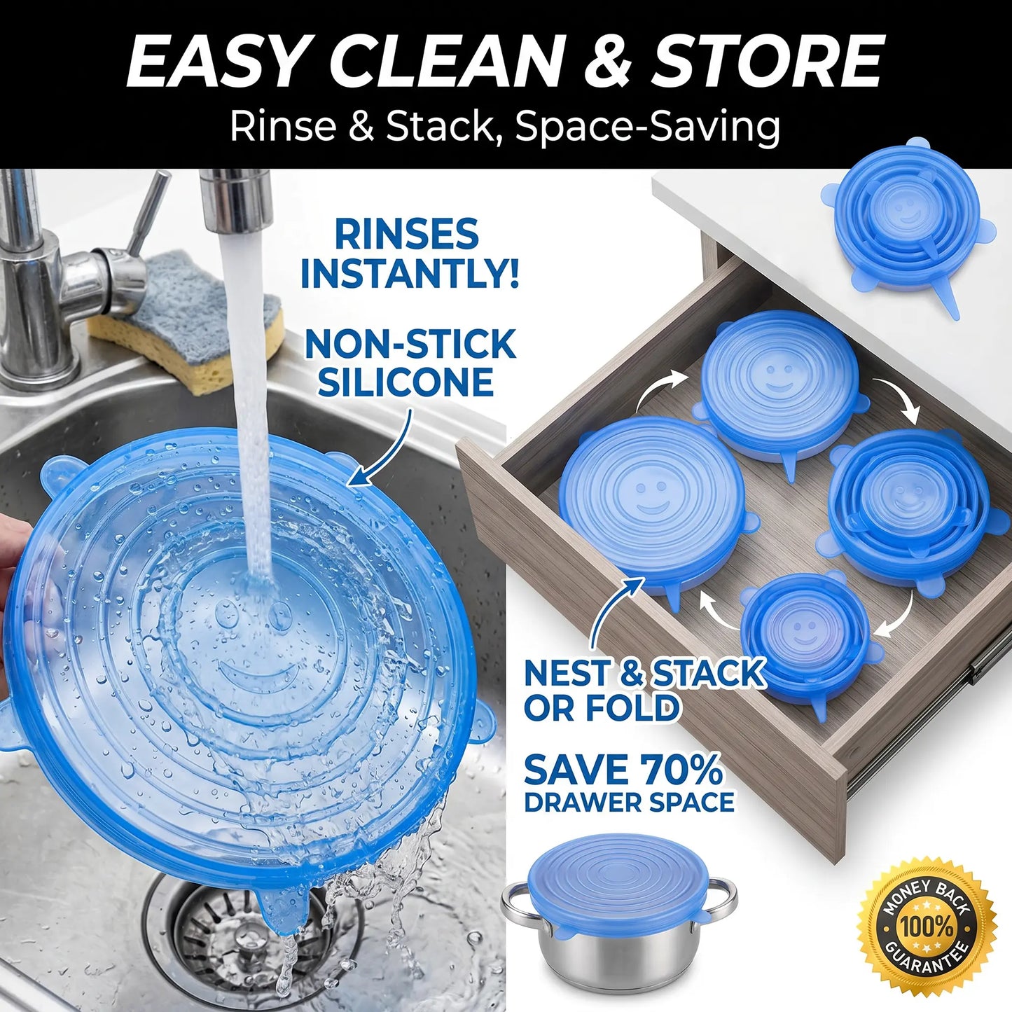 Universal Reusable Silicone Lids – 6-Pack Self-Sealing Food Covers for Various Container Sizes