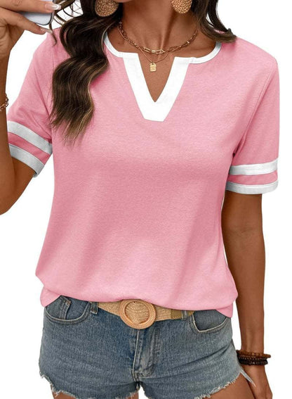 2026 Spring/Summer Women's Casual Colorblock V-Neck T-Shirt - White with Black Trim, Short Sleeve Loose Fit Top with Striped Cuffs, Breathable Cotton Blend