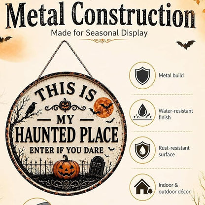 "This Is My Haunted Place" Fun Halloween 2-Piece,Round Hanging Sign & Cute Spooky Doormat