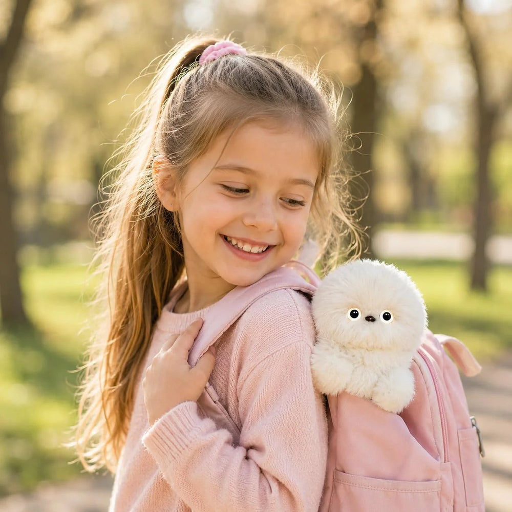 Fluffy plush toy carried with a backpack