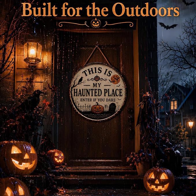 "This Is My Haunted Place" Fun Halloween 2-Piece,Round Hanging Sign & Cute Spooky Doormat