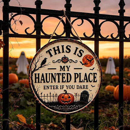 "This Is My Haunted Place" Fun Halloween 2-Piece,Round Hanging Sign & Cute Spooky Doormat