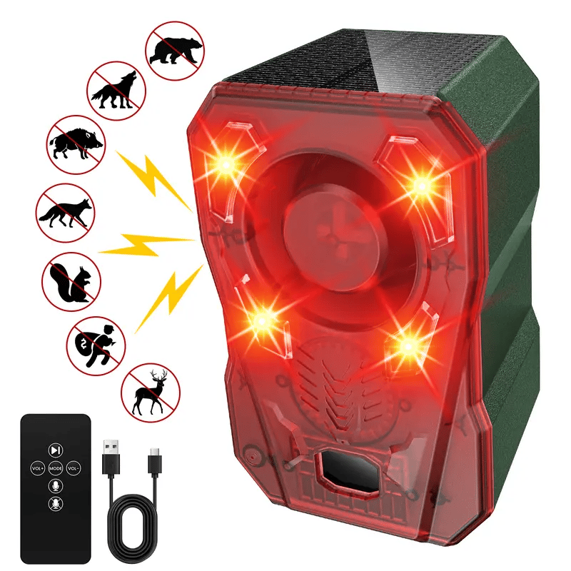 Solar Powered Outdoor Animal Repeller, 130dB Motion Sensor Alarm with Strobe Light, Custom Voice Recording, IP65 Waterproof Wildlife Deterrent for Farm, Yard, Garden, Driveway