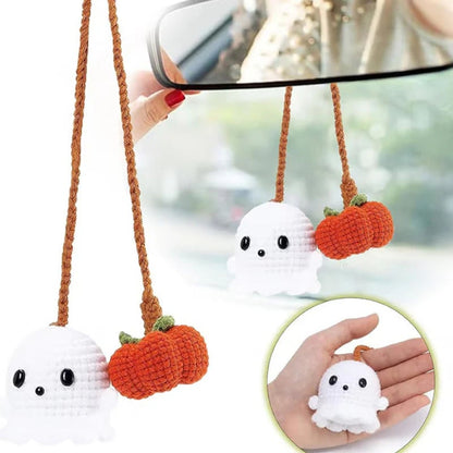 🎃👻Crochet Halloween Car Accessories - Handmade Ghost & Pumpkin Hanging Ornament for Rear View Mirror