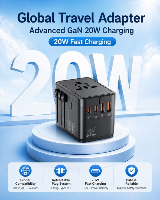 20W GaN Universal Travel Adapter with USB-C & USB-A Ports – EU/UK/AU/US Plug Converter