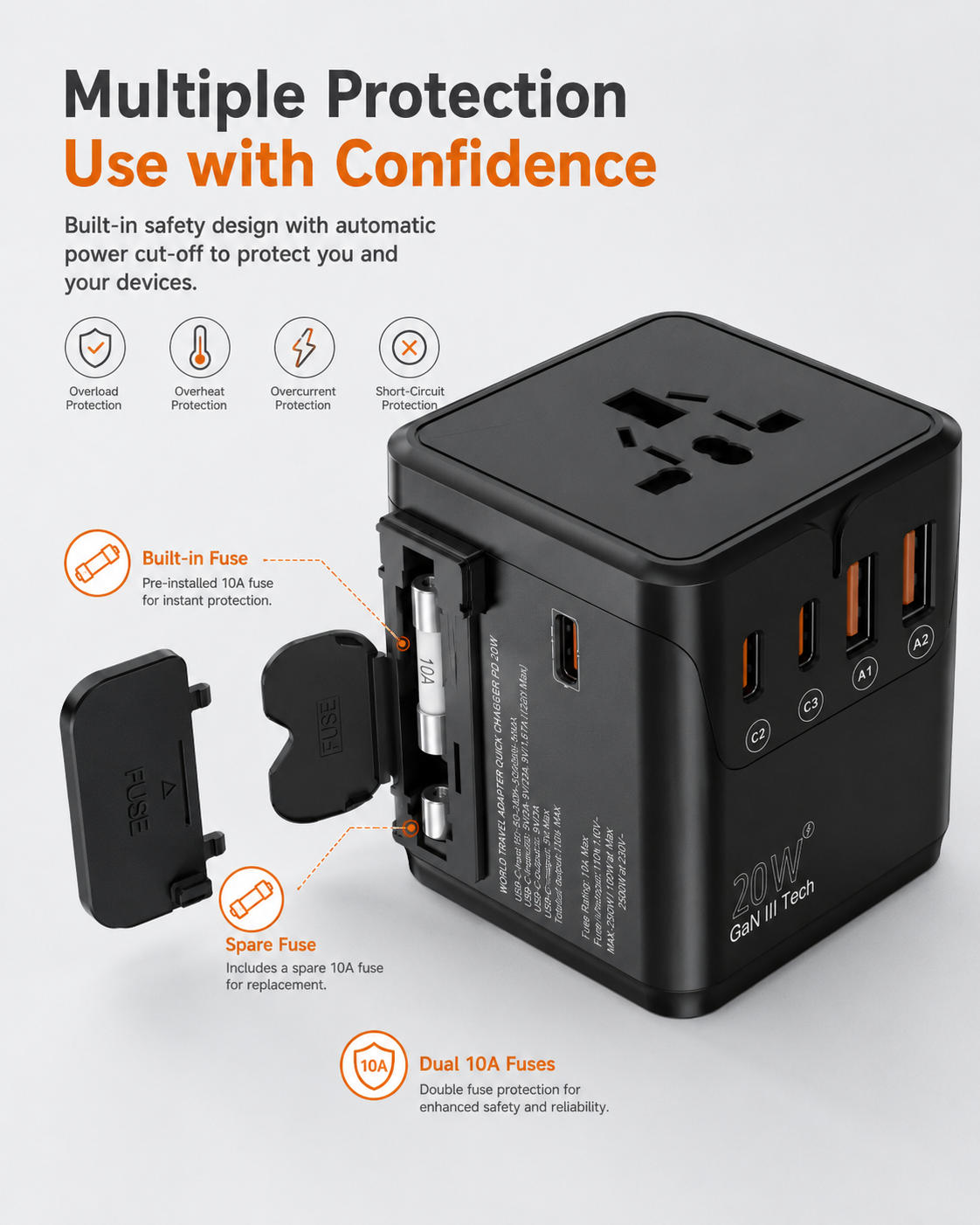 20W GaN Universal Travel Adapter with USB-C & USB-A Ports – EU/UK/AU/US Plug Converter