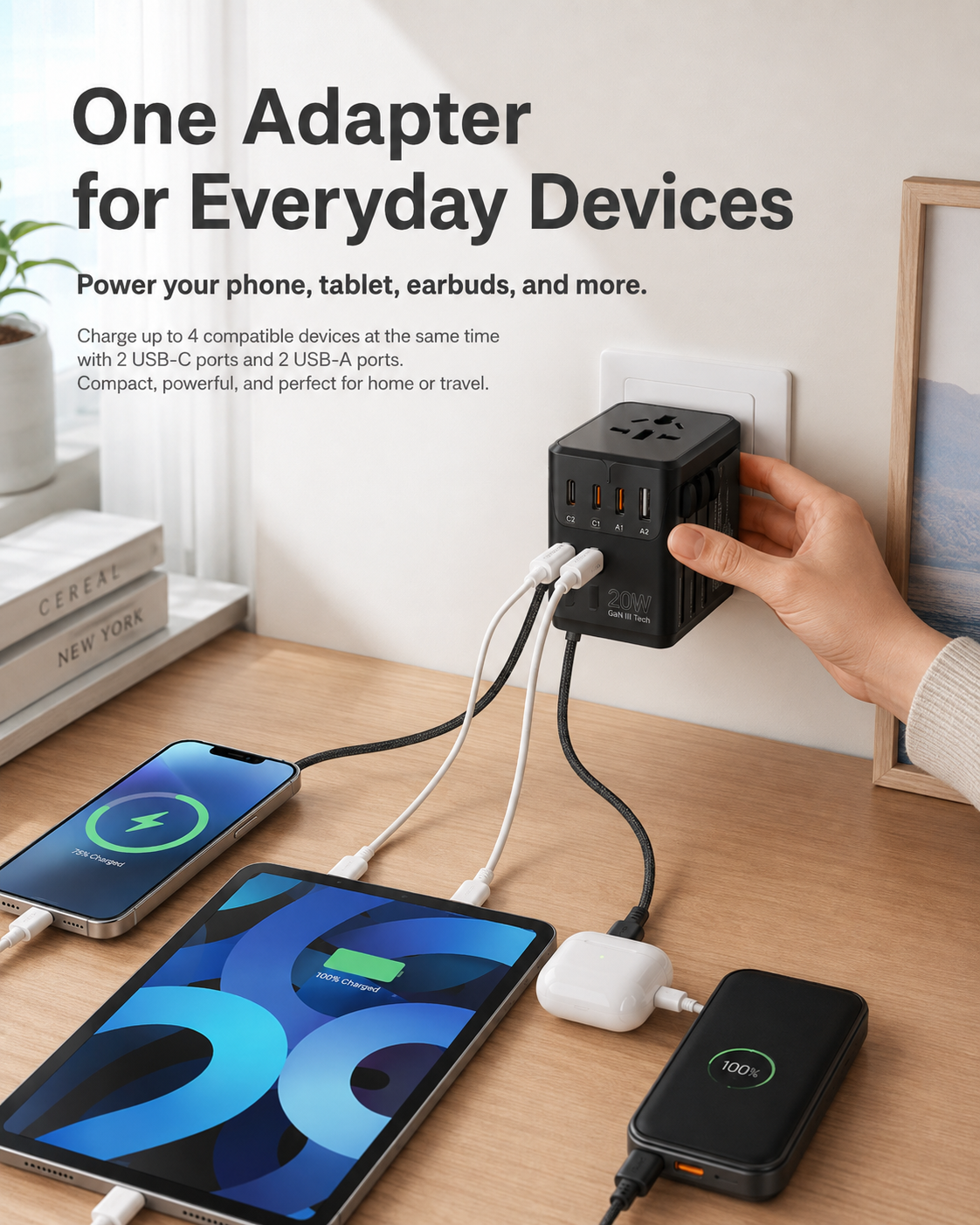 Person using the global travel adapter to charge several everyday devices