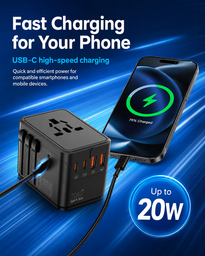 20W GaN Universal Travel Adapter with USB-C & USB-A Ports – EU/UK/AU/US Plug Converter