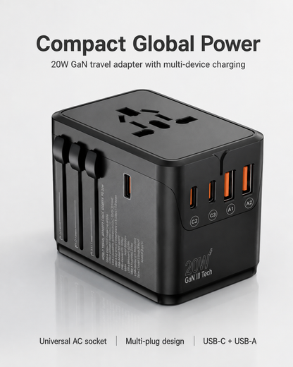 20W GaN Universal Travel Adapter with USB-C & USB-A Ports – EU/UK/AU/US Plug Converter