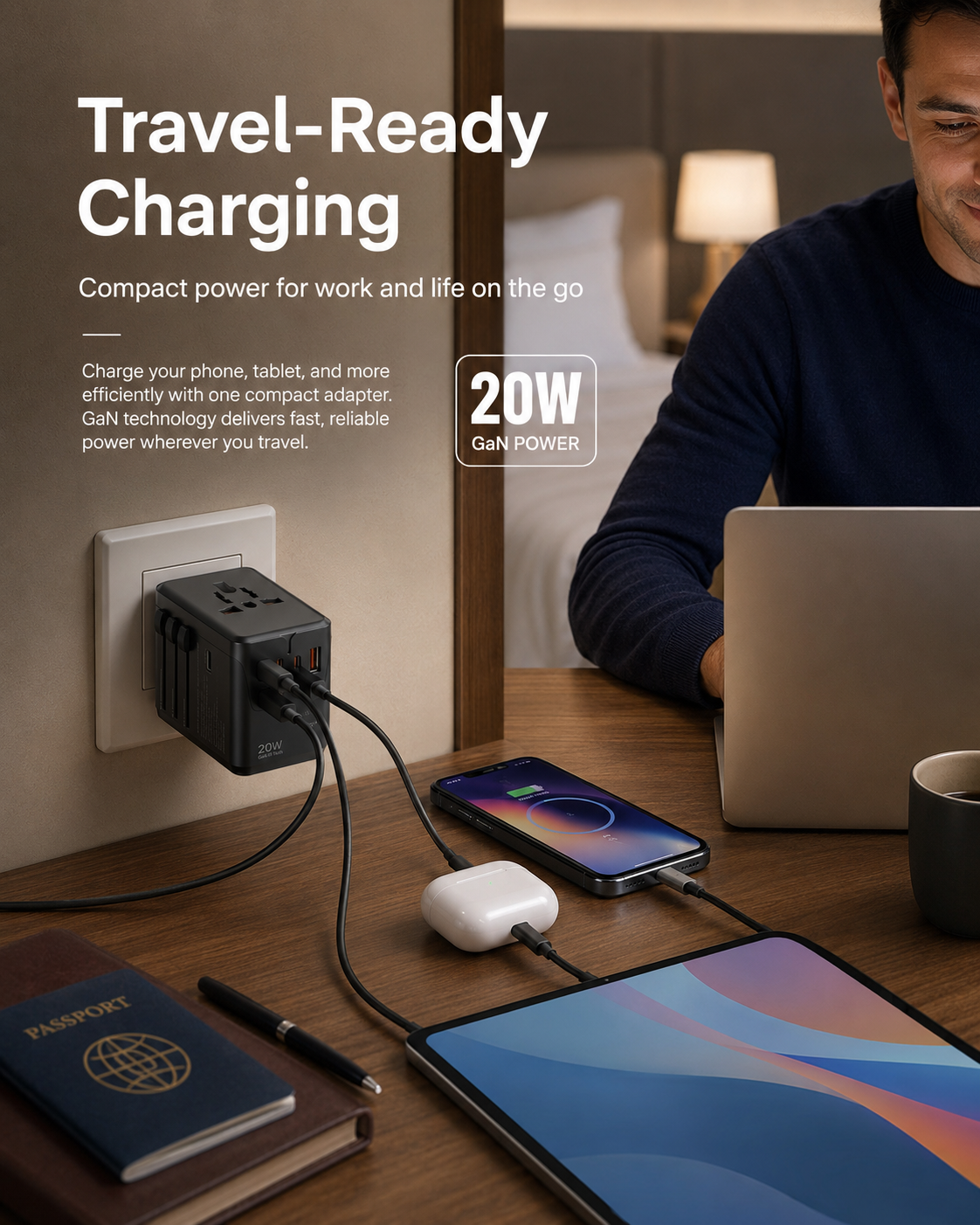 Traveler using a compact 20W GaN adapter to charge several devices