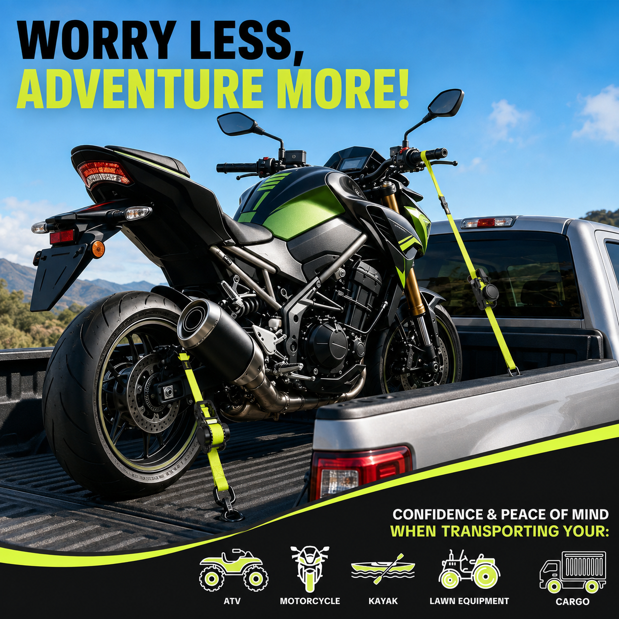 Motorcycle secured in a pickup truck with retractable ratchet straps