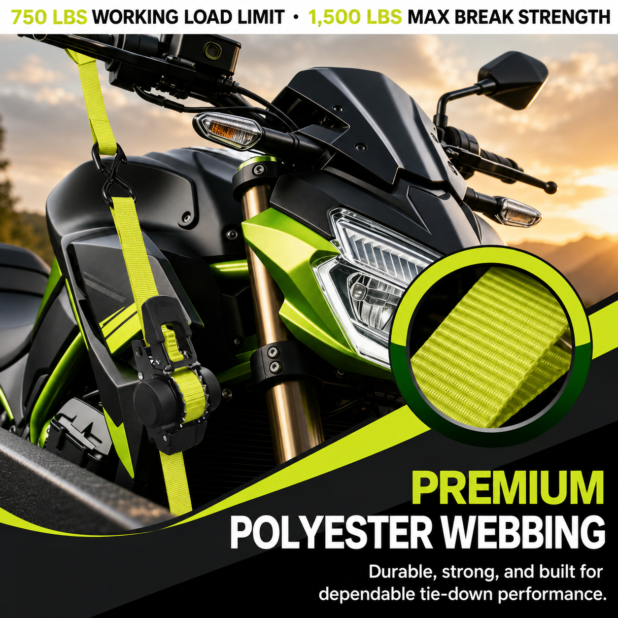 Close-up of premium polyester ratchet strap webbing securing a motorcycle
