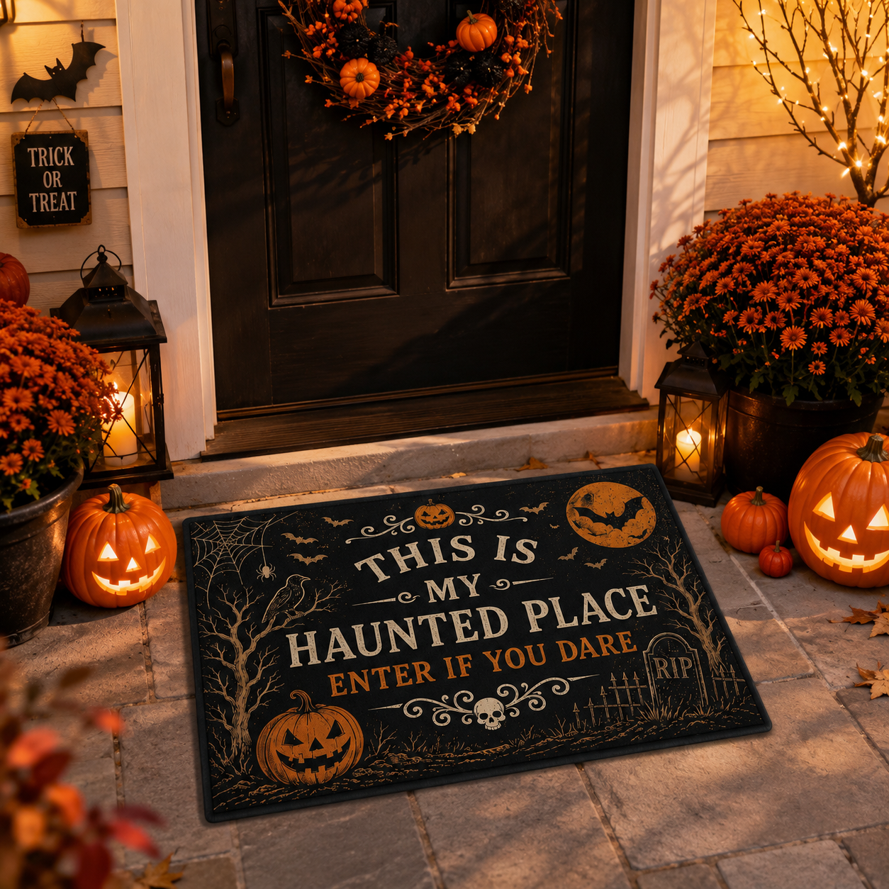 "This Is My Haunted Place" Fun Halloween 2-Piece,Round Hanging Sign & Cute Spooky Doormat