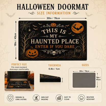 "This Is My Haunted Place" Fun Halloween 2-Piece,Round Hanging Sign & Cute Spooky Doormat