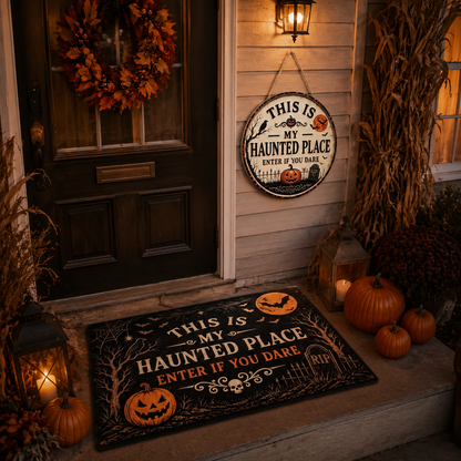 "This Is My Haunted Place" Fun Halloween 2-Piece,Round Hanging Sign & Cute Spooky Doormat