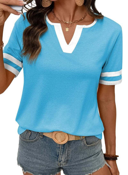2026 Spring/Summer Women's Casual Colorblock V-Neck T-Shirt - White with Black Trim, Short Sleeve Loose Fit Top with Striped Cuffs, Breathable Cotton Blend