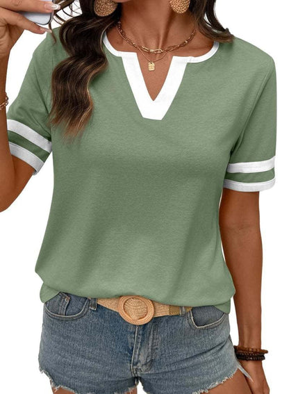 2026 Spring/Summer Women's Casual Colorblock V-Neck T-Shirt - White with Black Trim, Short Sleeve Loose Fit Top with Striped Cuffs, Breathable Cotton Blend