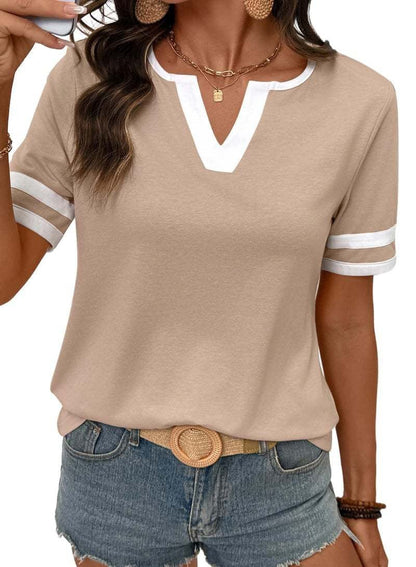2026 Spring/Summer Women's Casual Colorblock V-Neck T-Shirt - White with Black Trim, Short Sleeve Loose Fit Top with Striped Cuffs, Breathable Cotton Blend