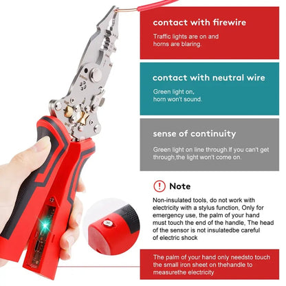 16 in 1 Wire Stripper Twister for Cutting and Pulling Wires,Cable Scissors,Voltage Tester Pliers, 30V to 220V Live,Null,Hot Wire Judgment AC DC, Audible and Flashing LED Alarms